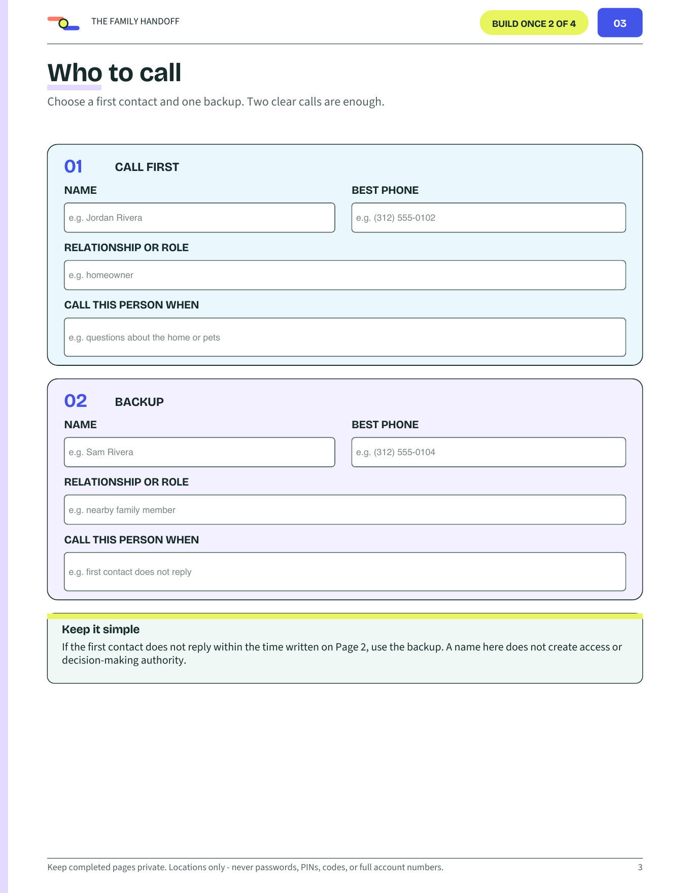 Who to call page with a first contact and one backup